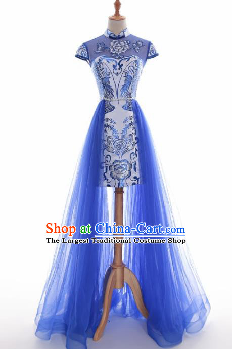 Chinese Traditional Blue Veil Cheongsam Full Dress Compere Chorus Costume for Women