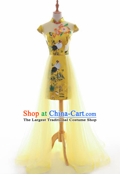 Chinese Traditional Yellow Veil Cheongsam Full Dress Compere Chorus Costume for Women