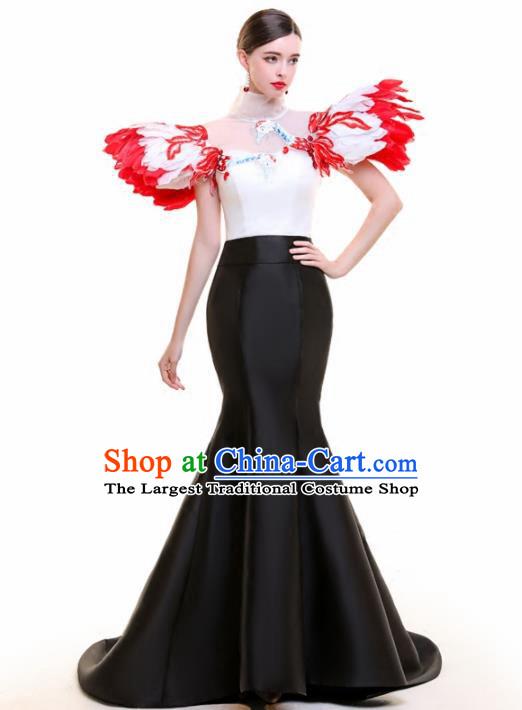 Top Grade Catwalks Feather Black Trailing Full Dress Compere Chorus Costume for Women