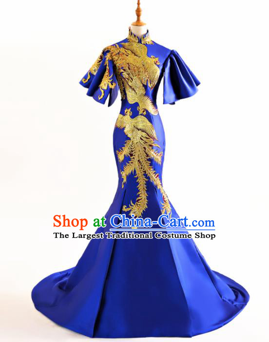 Chinese Traditional Embroidered Phoenix Cheongsam Royalblue Full Dress Compere Chorus Costume for Women