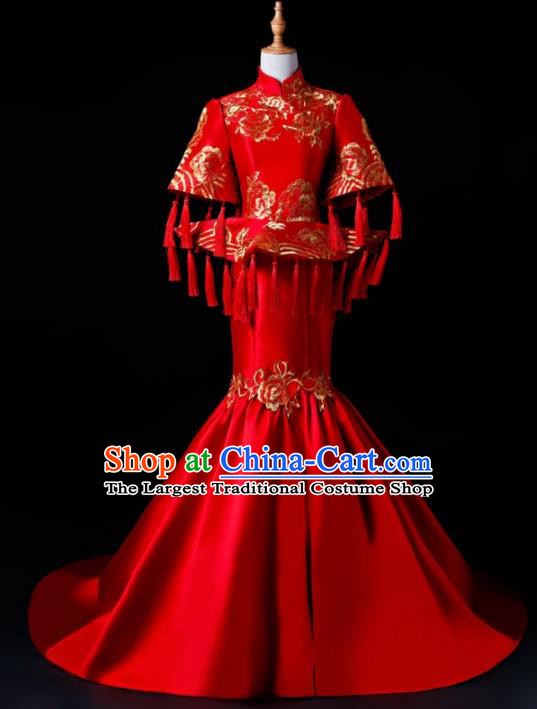 Chinese Traditional National Red Cheongsam Compere Chorus Costume Full Dress for Women
