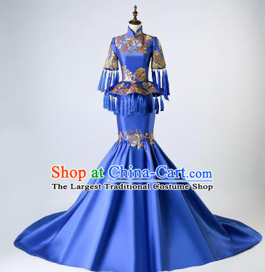 Chinese Traditional National Blue Mermaid Cheongsam Compere Chorus Costume Full Dress for Women