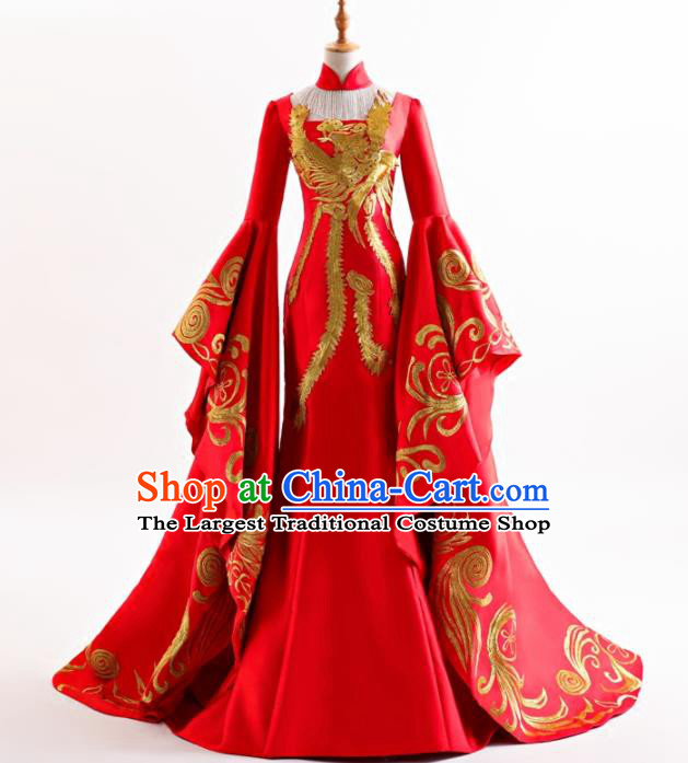 Chinese Traditional Embroidered Red Cheongsam Full Dress Compere Chorus Costume for Women