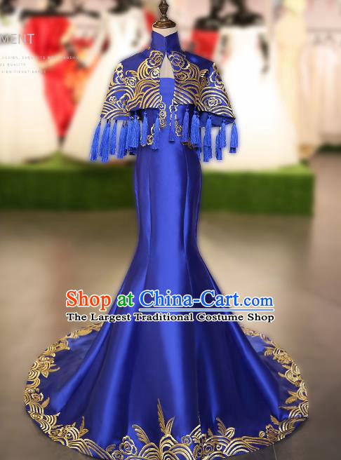 Chinese Traditional Embroidered Royalblue Full Dress Compere Chorus Costume for Women