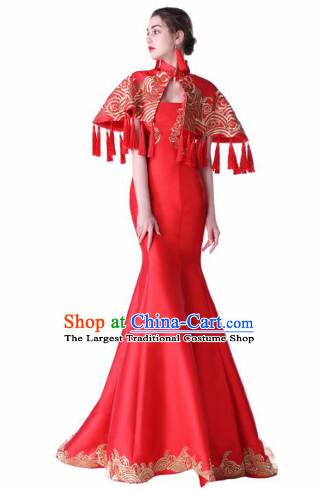 Chinese Traditional Embroidered Red Full Dress Compere Chorus Costume for Women