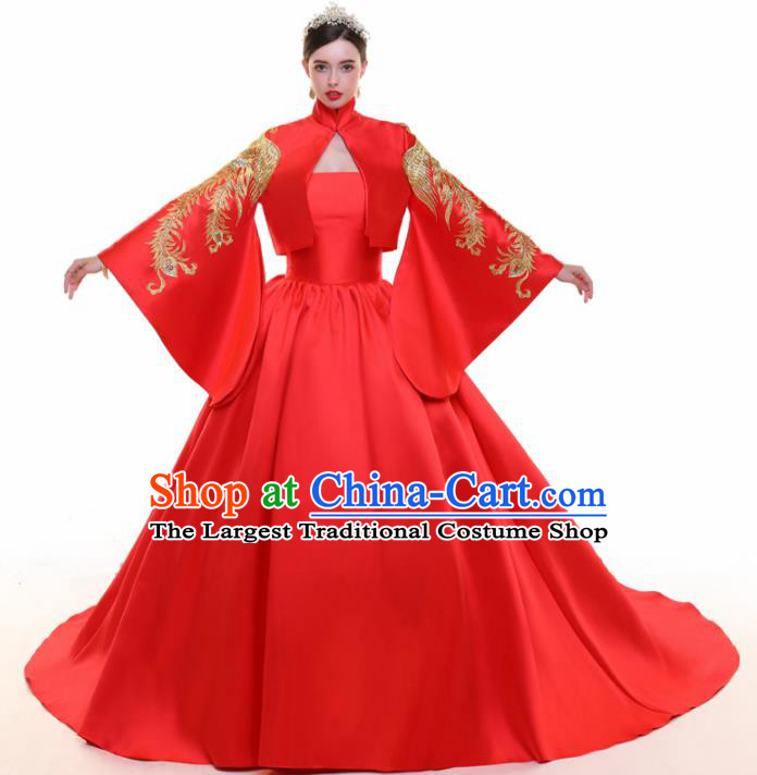 Chinese Traditional Embroidered Trailing Red Full Dress Compere Chorus Costume for Women