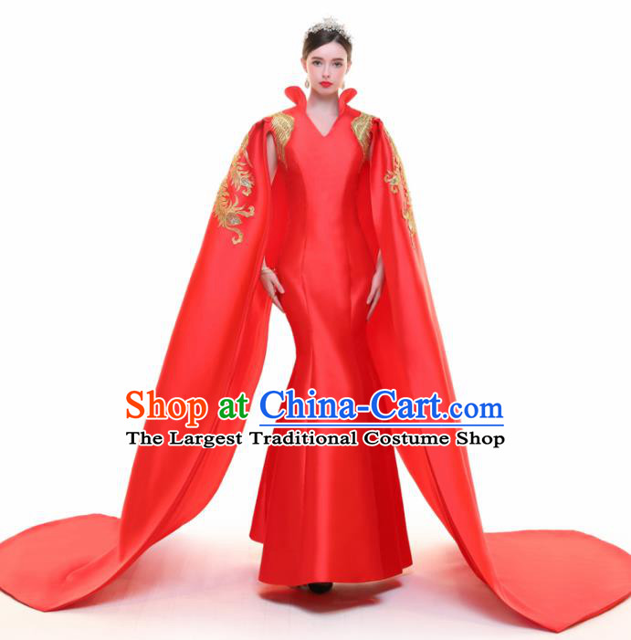 Chinese Traditional Red Cloak Full Dress Compere Chorus Costume for Women