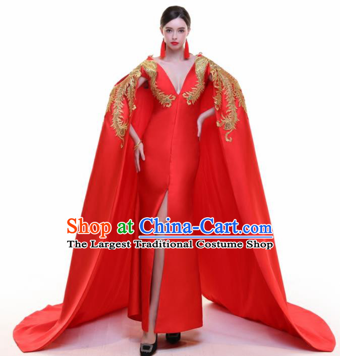 Chinese Traditional Embroidered Phoenix Red Cloak Full Dress Compere Chorus Costume for Women
