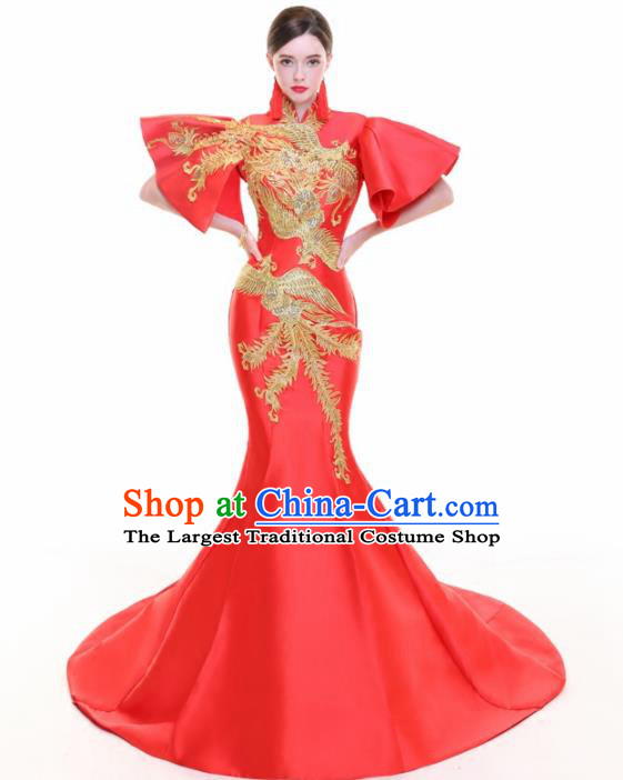 Chinese Traditional Embroidered Phoenix Red Cheongsam Full Dress Compere Chorus Costume for Women