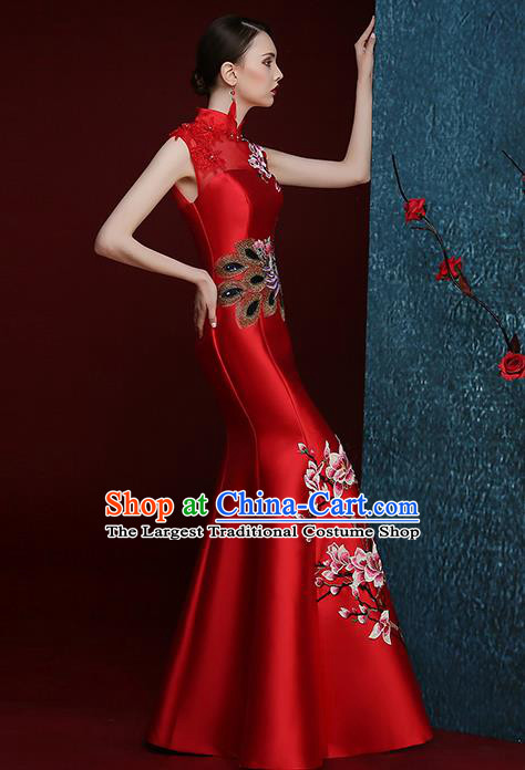 Chinese Traditional Compere Full Dress Embroidered Mangnolia Red Cheongsam Chorus Costume for Women