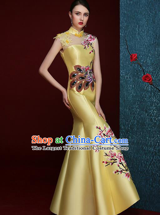 Chinese Traditional Compere Full Dress Embroidered Mangnolia Yellow Cheongsam Chorus Costume for Women