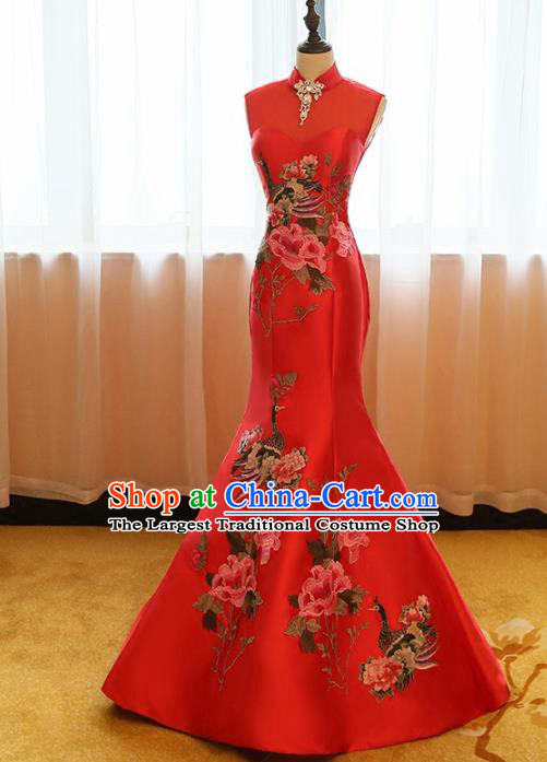 Chinese Traditional Compere Catwalks Red Cheongsam Chorus Costume for Women