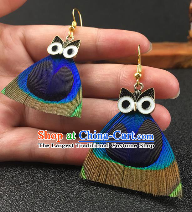 Chinese National Earrings Peacock Feather Owl Earrings for Women