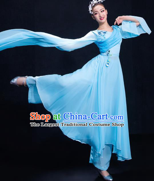 Chinese Traditional Fan Dance Blue Water Sleeve Dress Classical Umbrella Dance Costume for Women