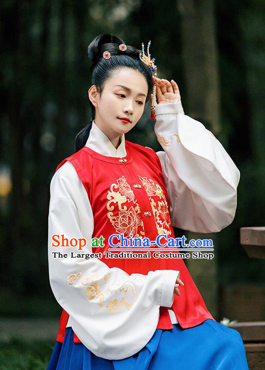 Traditional Chinese Ming Dynasty Costume Embroidered Red Vest for Rich Women