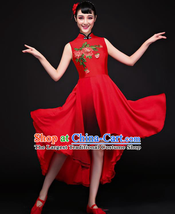 Chinese Traditional Umbrella Dance Red Dress Classical Dance Chorus Costume for Women