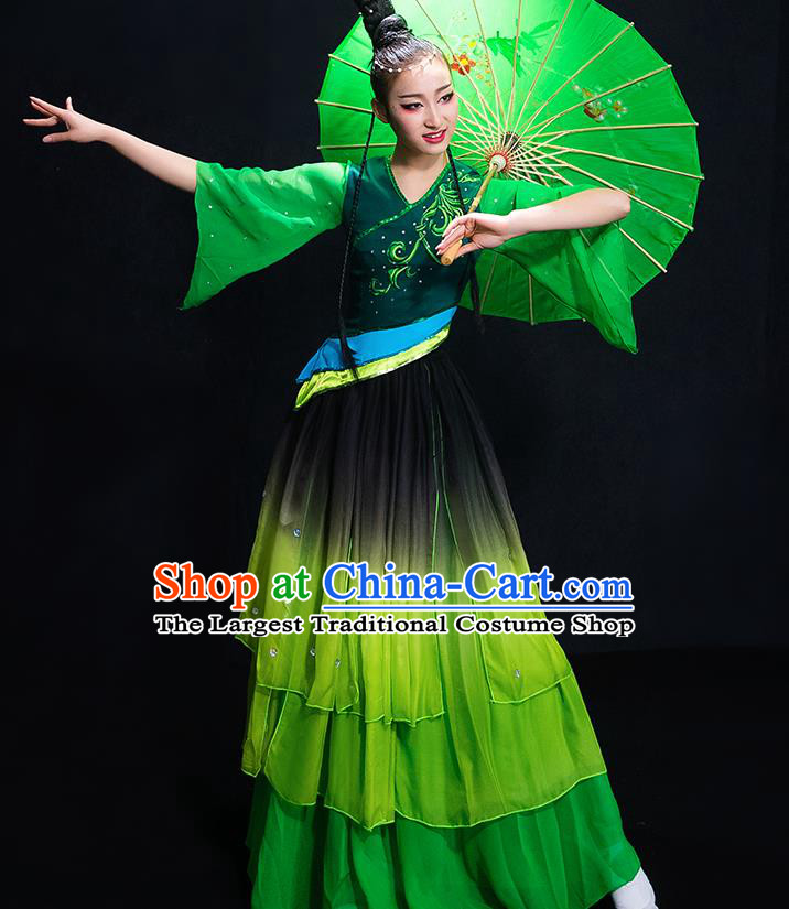 Chinese Traditional Classical Fan Dance Green Dress Umbrella Dance Costume for Women