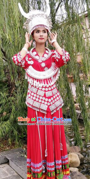 Chinese Traditional Miao Nationality Costume Hmong Bride Embroidered Red Dress and Headpiece for Women