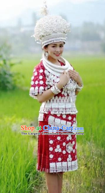 Chinese Traditional Miao Nationality Dance Red Dress Embroidered Wedding Costumes and Headpiece for Women