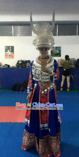 Chinese Traditional Miao Minority Dance Embroidered Blue Costumes and Headwear for Women