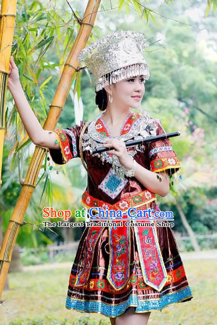 Traditional Chinese Miao Minority Embroidered Costumes Short Dress and Headwear for Women