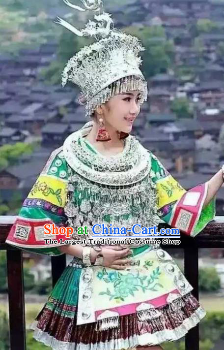 Traditional Chinese Miao Minority Embroidered Costumes Short Green Dress and Headwear for Women