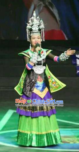 Traditional Chinese Miao Minority Embroidered Green Costumes and Headwear for Women