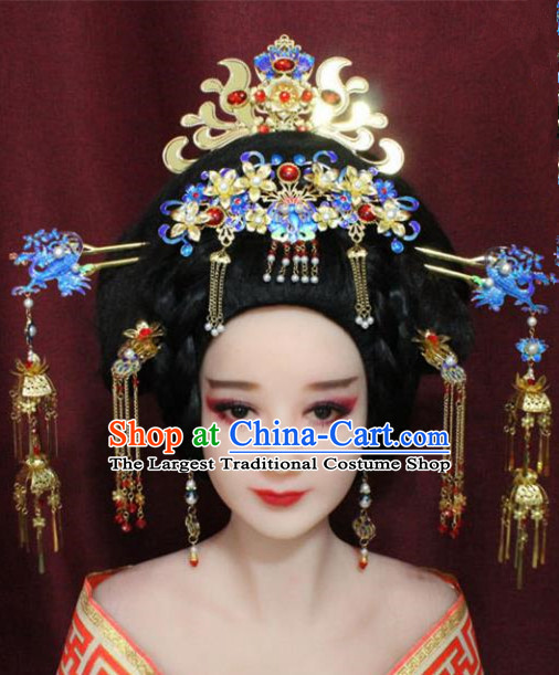 Chinese Ancient Hair Accessories Imperial Consort Blueing Phoenix Coronet Hairpins for Women