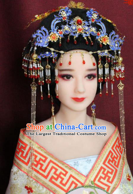 Chinese Ancient Queen Hair Accessories Imperial Consort Blueing Phoenix Coronet Hairpins for Women