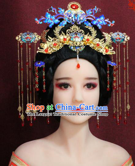 Chinese Ancient Imperial Consort Hair Accessories Tang Dynasty Empress Cloisonne Phoenix Coronet Hairpins for Women