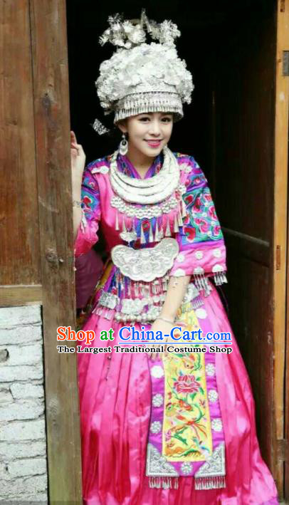 Traditional Chinese Miao Minority Wedding Costumes Hmong Embroidered Pink Dress and Sliver Headpiece for Women