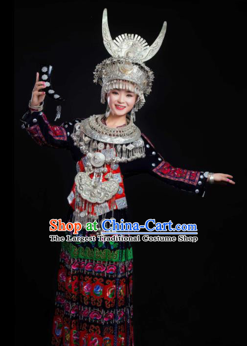 Traditional Chinese Miao Nationality Dance Clothing Hmong Ethnic Minority Costumes and Headwear