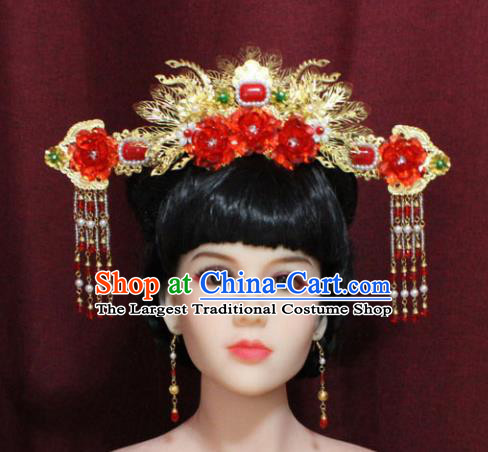 Chinese Ancient Palace Red Peony Hair Accessories Handmade Tang Dynasty Princess Phoenix Coronet Hairpins for Women