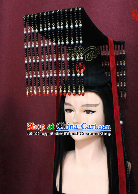 Chinese Traditional Swordsman Hair Accessories Ancient Qin Dynasty Emperor Tassel Hat for Men