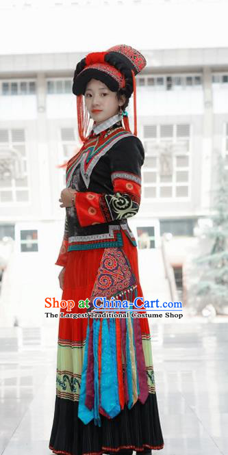 Chinese Traditional Yi Nationality Dance Costumes and Hat Complete Set for Women