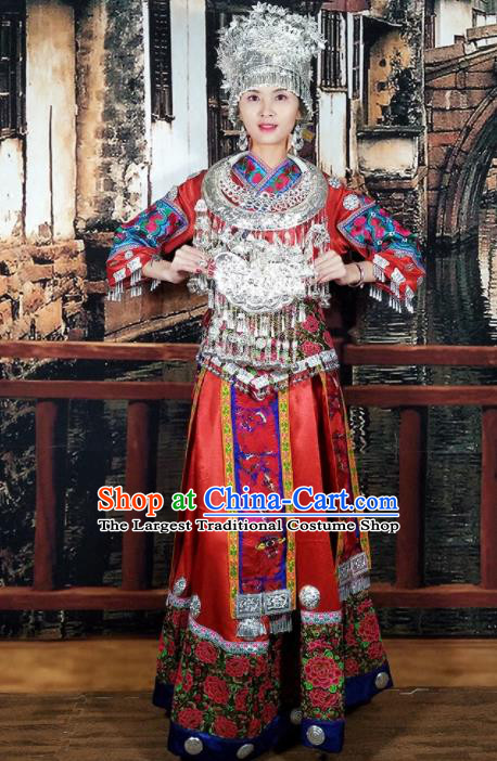 Chinese Traditional Miao Minority Dance Embroidered Costumes and Jewelry Accessories Complete Set for Women
