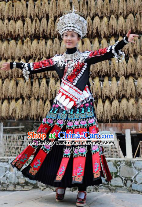 Chinese Traditional Miao Minority Dance Embroidered Black Costumes and Jewelry Accessories Complete Set for Women