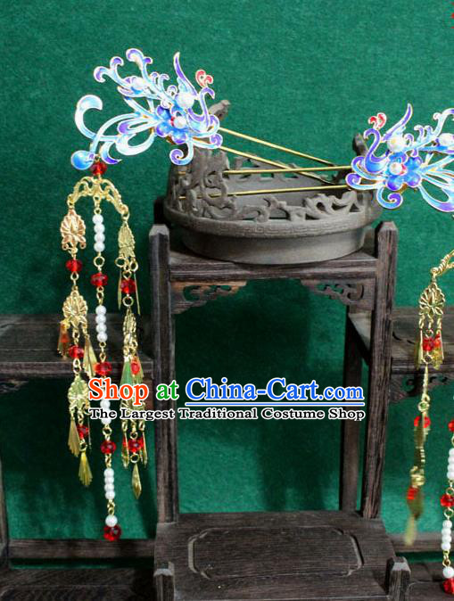 Chinese Ancient Empress Handmade Hair Accessories Blueing Phoenix Hairpins for Women