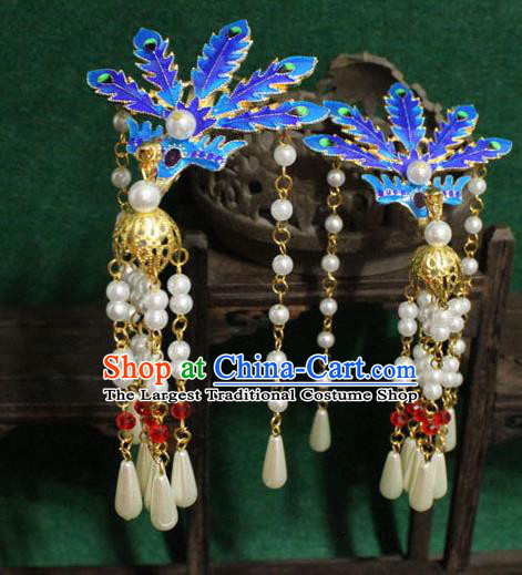 Chinese Ancient Empress Handmade Hair Accessories Blueing Phoenix Tassel Hairpins for Women