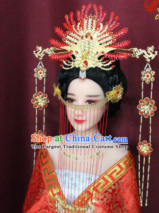 Chinese Ancient Ming Dynasty Empress Hair Accessories Red Phoenix Coronet Hairpins for Women