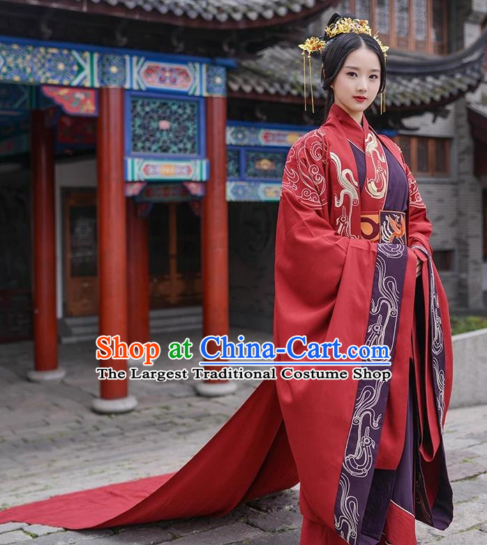 Chinese Ancient Zhou Dynasty Empress Embroidered Wedding Costumes Complete Set for Women