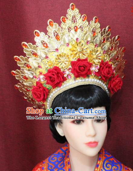 Chinese Handmade Tang Dynasty Imperial Consort Phoenix Coronet Ancient Court Hair Accessories Red Rose Hats for Women