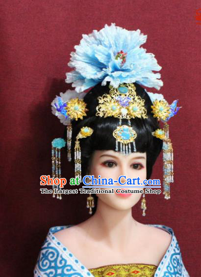 Chinese Handmade Imperial Consort Phoenix Coronet Blue Peony Hairpins Ancient Peri Hair Accessories for Women