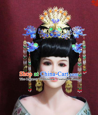 Chinese Handmade Imperial Consort Blueing Phoenix Coronet Hairpins Ancient Peri Hair Accessories for Women