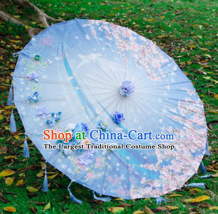 Chinese Traditional Blue Paper Umbrella Ancient Swordswoman Oil-paper Umbrella for Women