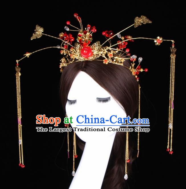 Chinese Ancient Bride Hair Accessories XiuHe Suit Golden Phoenix Coronet Hanfu Handmade Hairpins Complete Set for Women