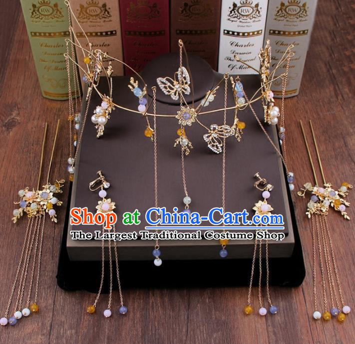 Chinese Handmade Ancient Hair Accessories Bride XiuHe Suit Tassel Phoenix Coronet Hanfu Hairpins for Women