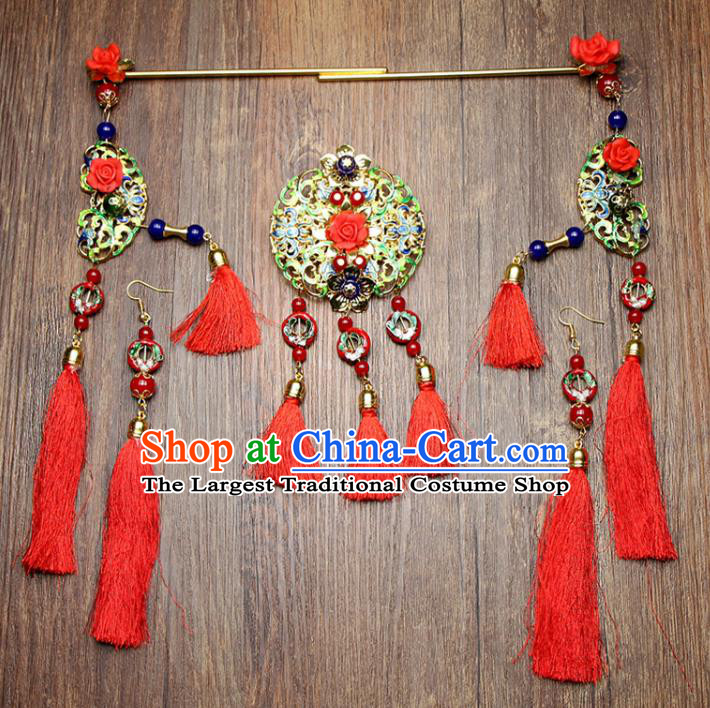 Chinese Ancient XiuHe Suit Bride Handmade Red Tassel Hairpins Hair Accessories Complete Set for Women