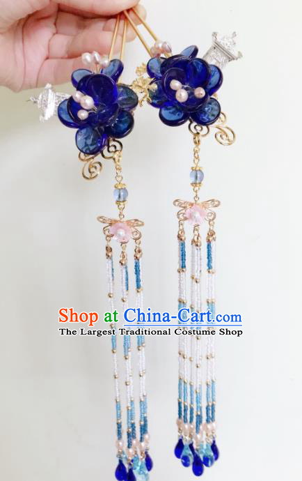 Chinese Ancient Handmade Blue Flowers Tassel Hairpins Hair Accessories Hair Clips for Women