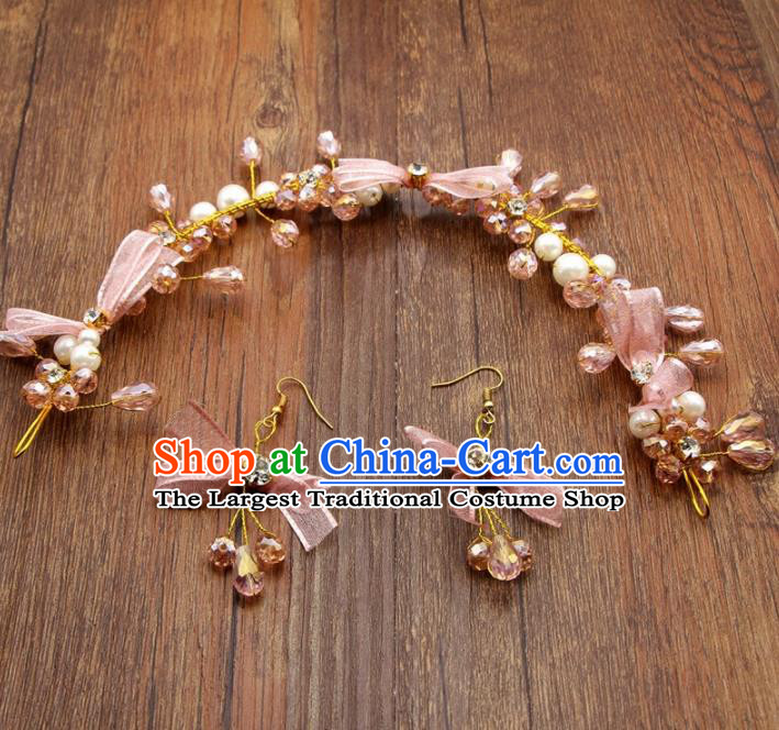 Top Grade Bride Hair Accessories Wedding Pink Bowknot Hair Clasp and Earrings for Women
